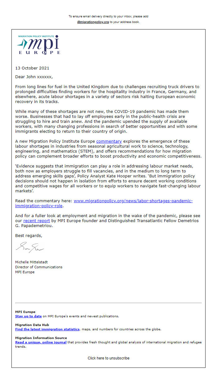 Screenshot of the email generated on import