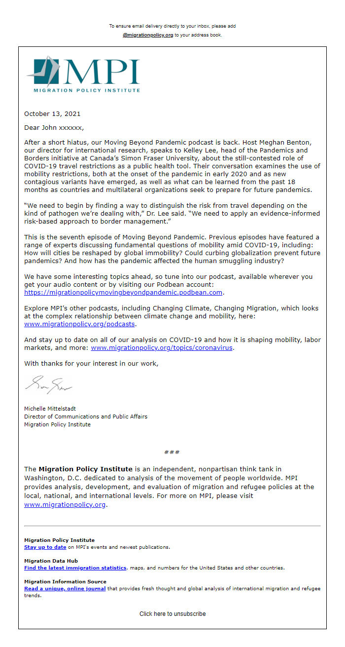 Screenshot of the email generated on import