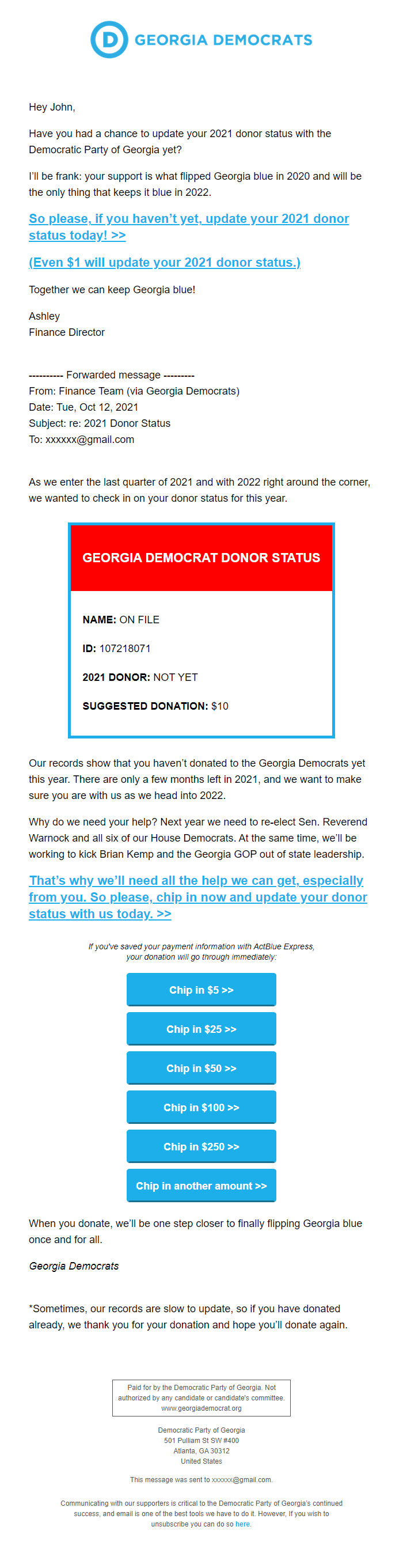 Screenshot of the email generated on import