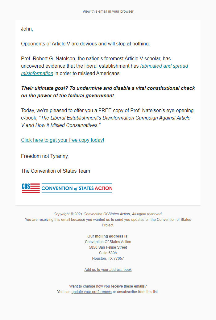 Screenshot of the email generated on import
