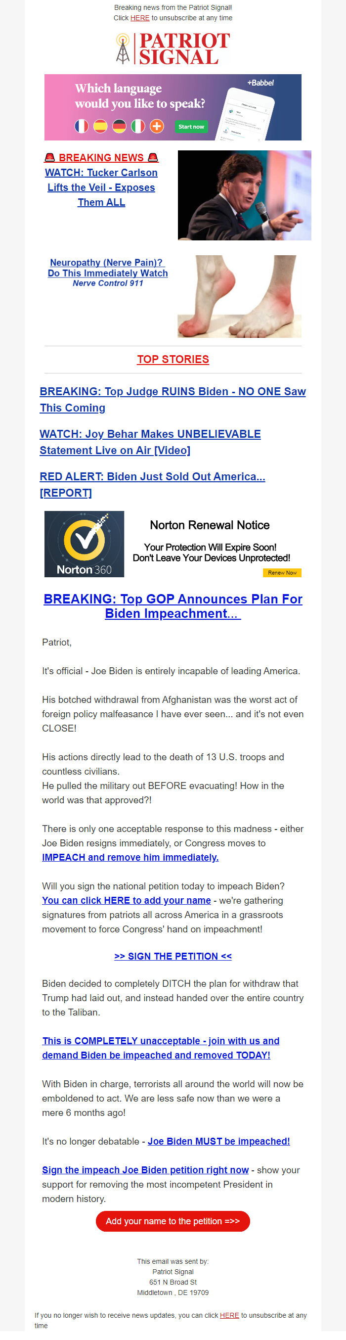 Screenshot of the email generated on import