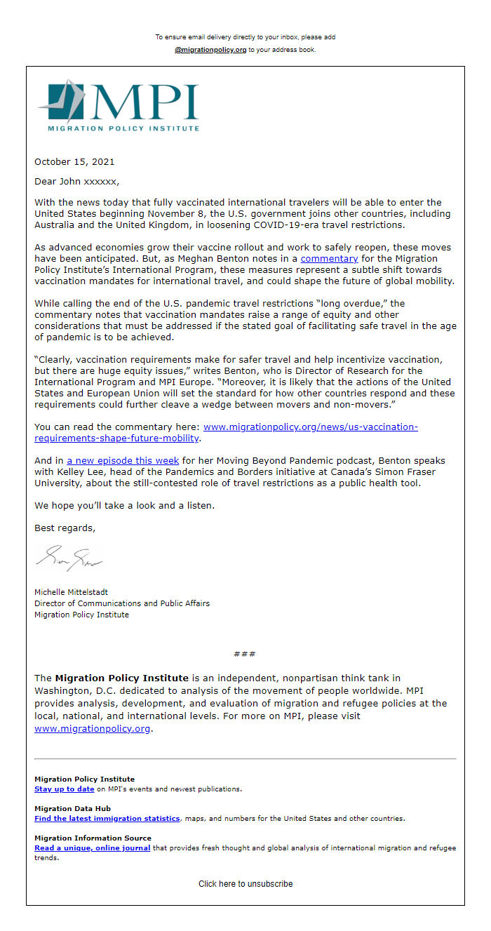 Screenshot of the email generated on import