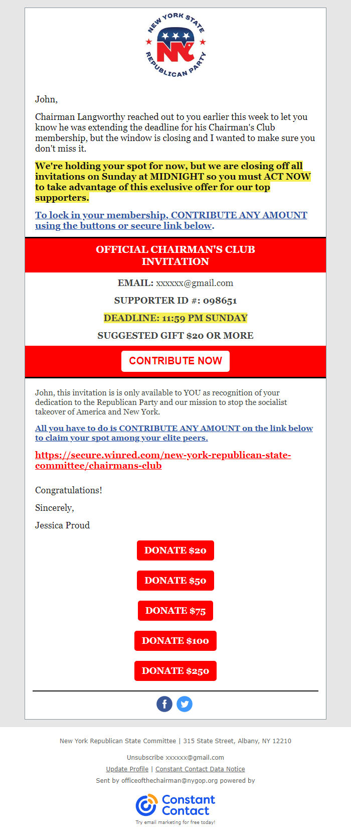 Screenshot of the email generated on import