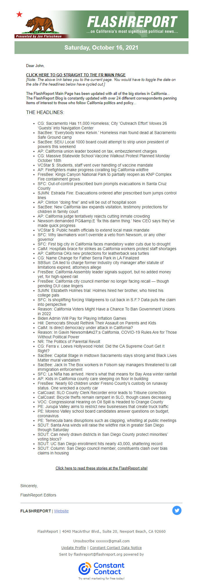 Screenshot of the email generated on import