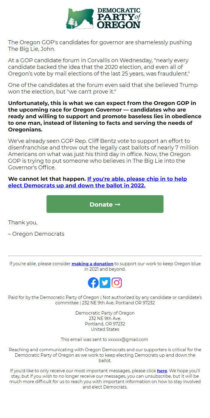 Screenshot of the email generated on import