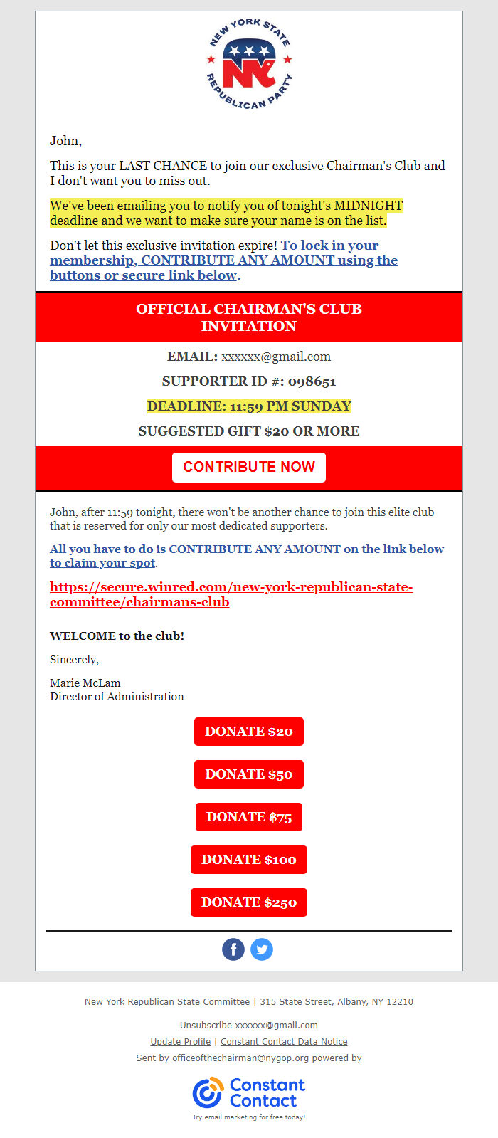 Screenshot of the email generated on import