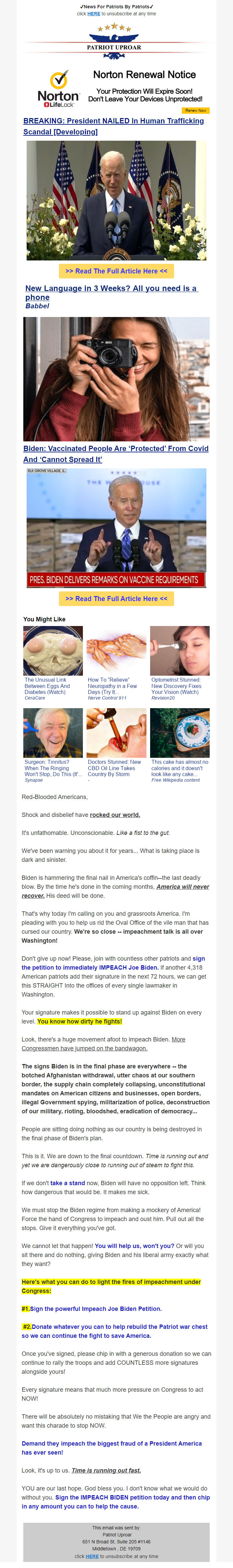Screenshot of the email generated on import