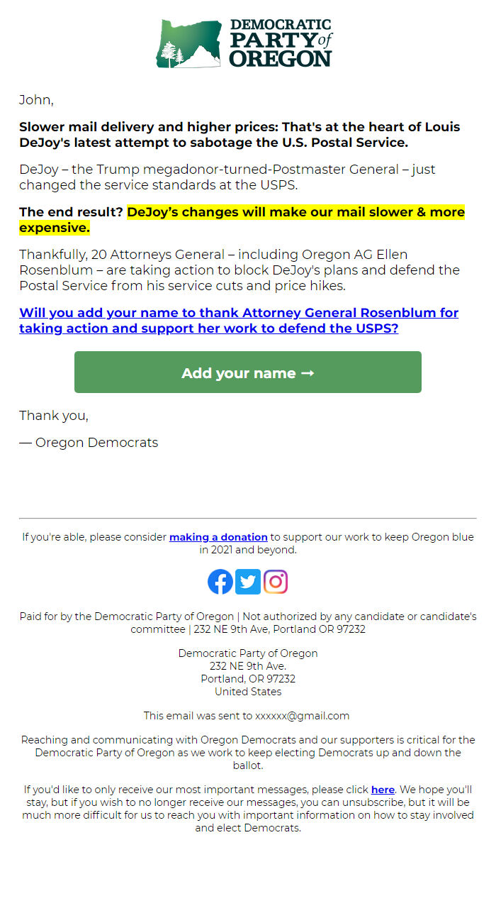Screenshot of the email generated on import