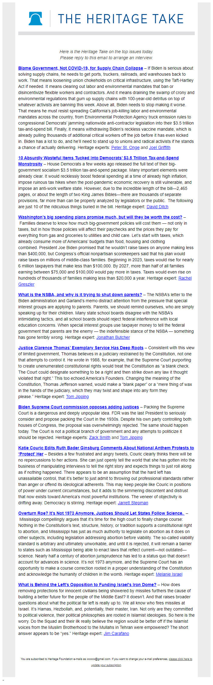 Screenshot of the email generated on import