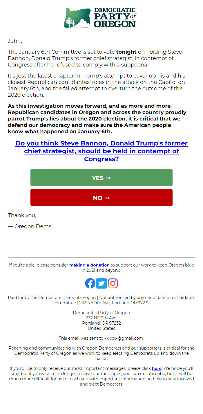 Screenshot of the email generated on import