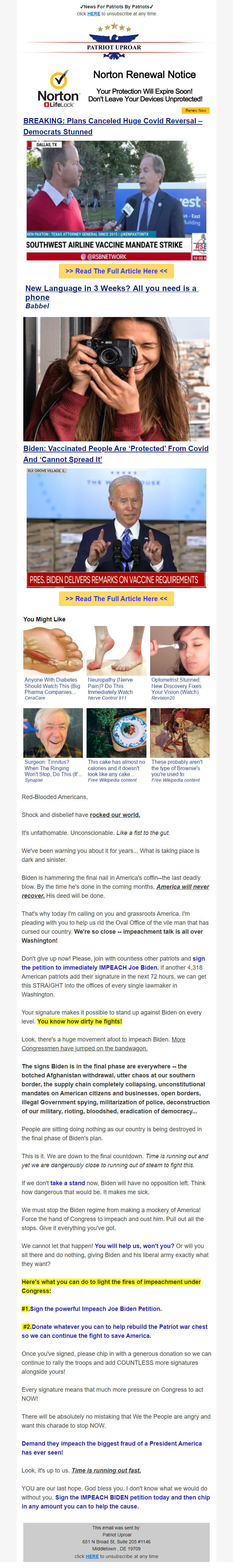 Screenshot of the email generated on import