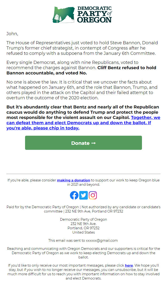 Screenshot of the email generated on import