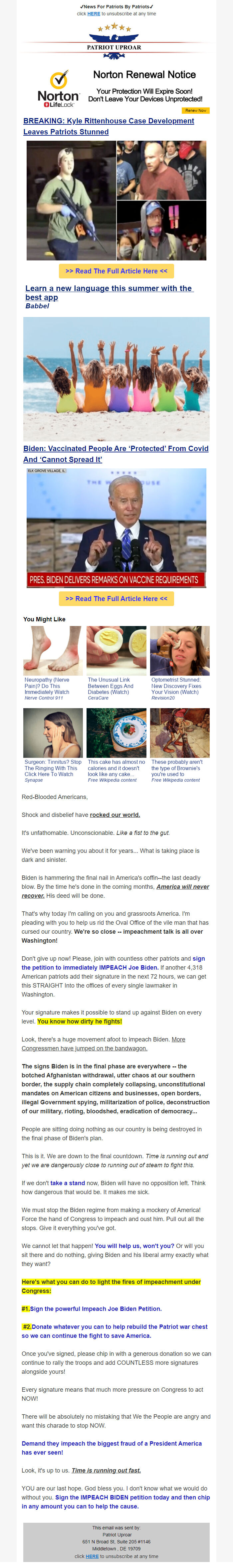 Screenshot of the email generated on import
