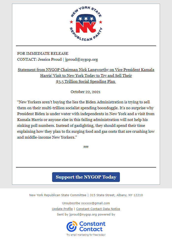 Screenshot of the email generated on import