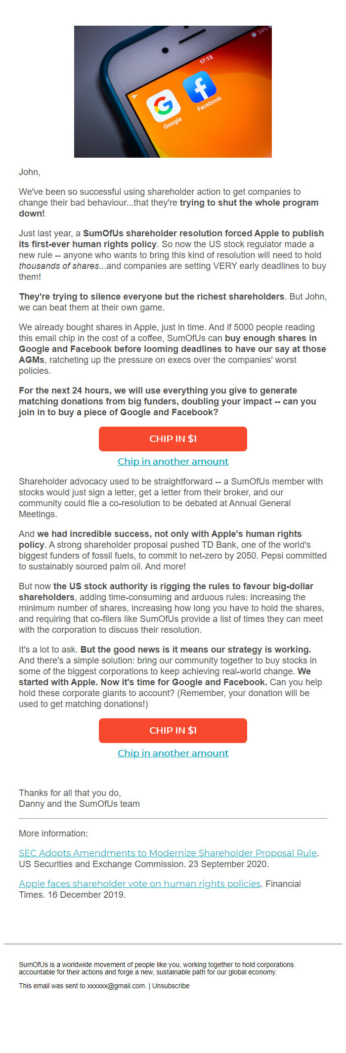 Screenshot of the email generated on import
