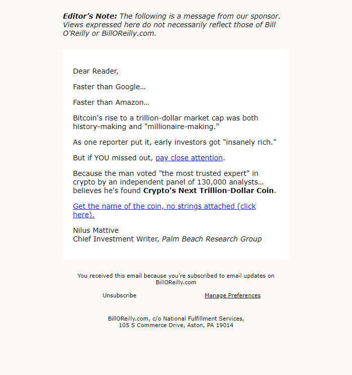 Screenshot of the email generated on import