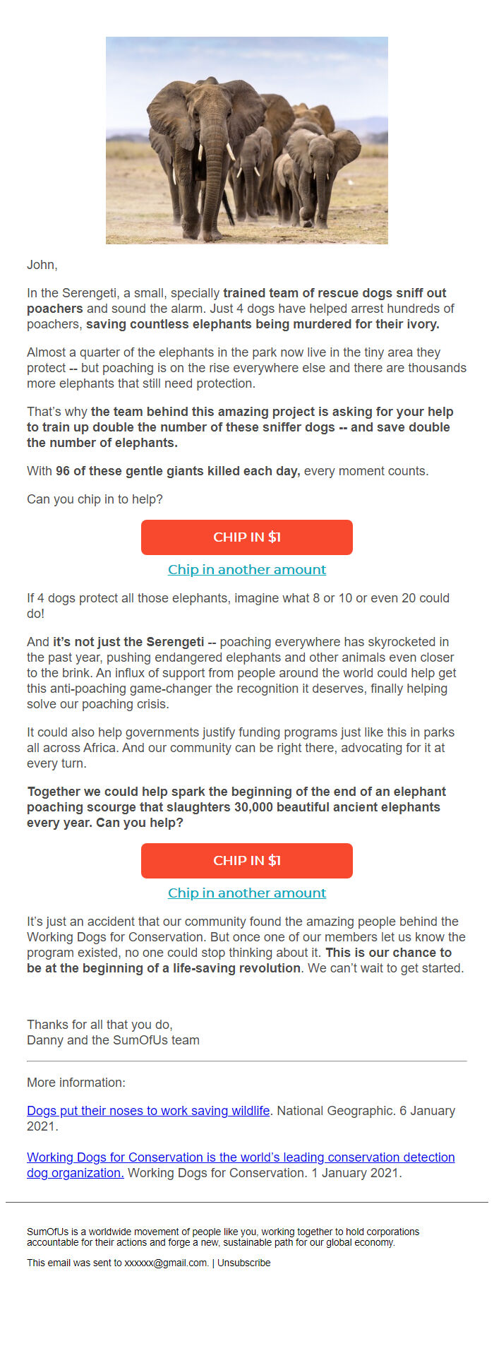 Screenshot of the email generated on import