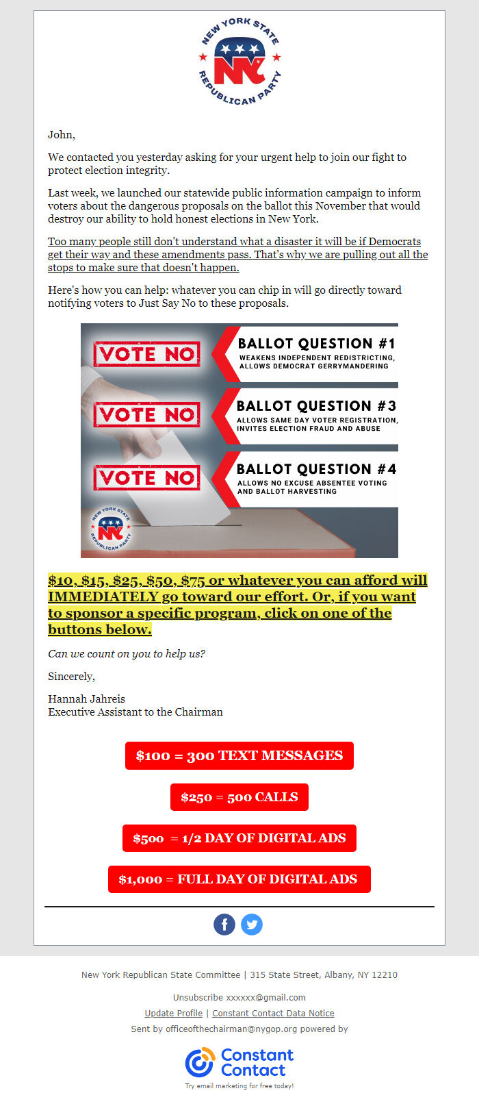 Screenshot of the email generated on import