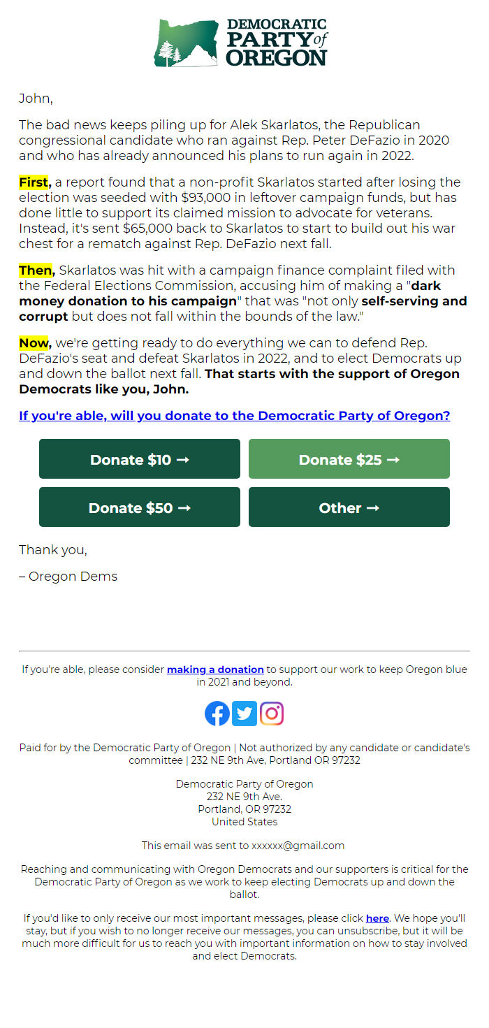 Screenshot of the email generated on import