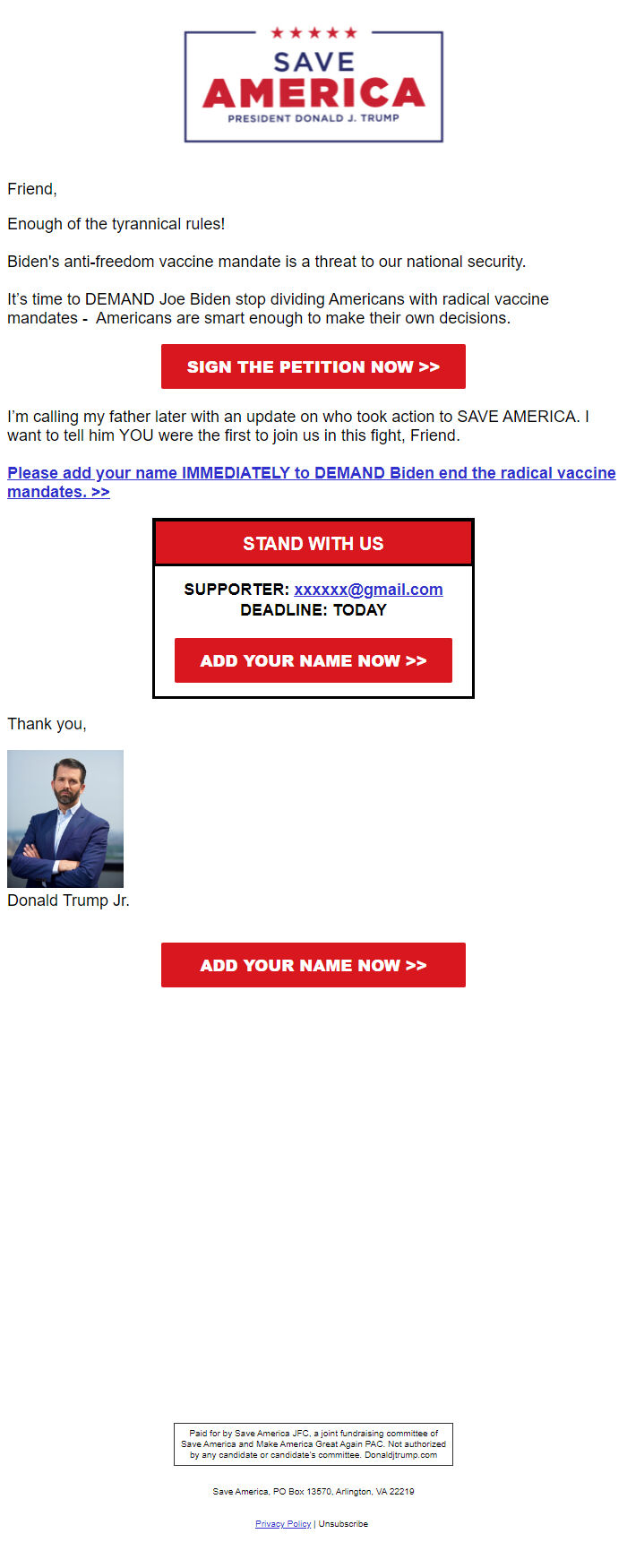 Screenshot of the email generated on import