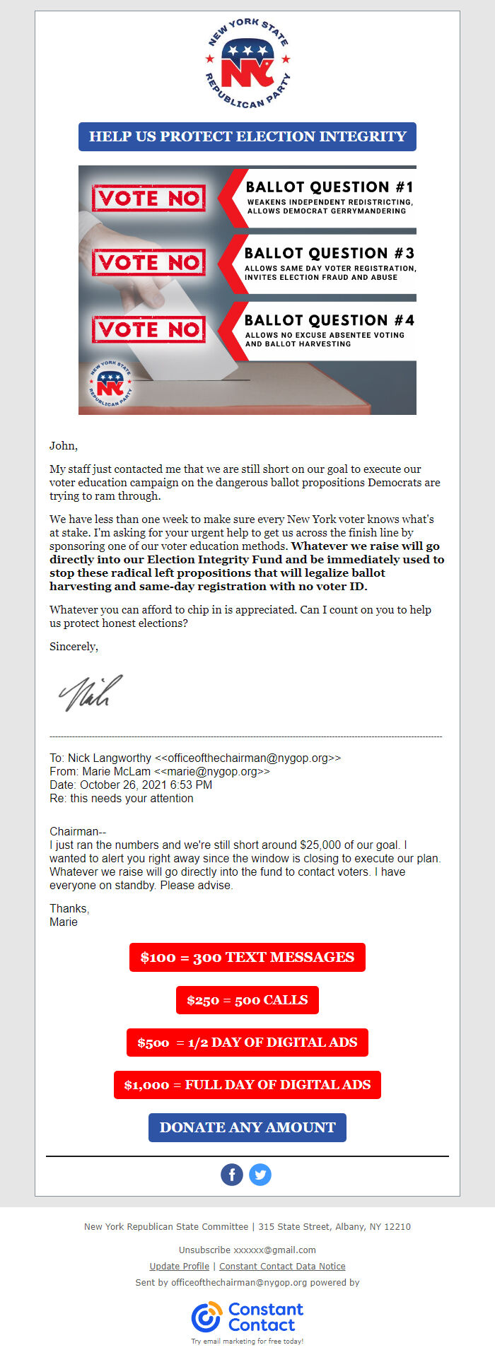 Screenshot of the email generated on import