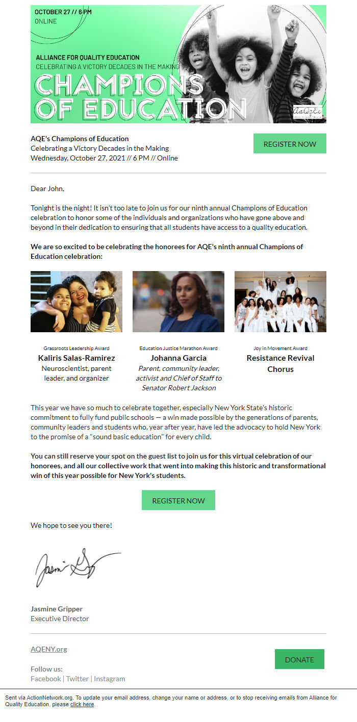 Screenshot of the email generated on import