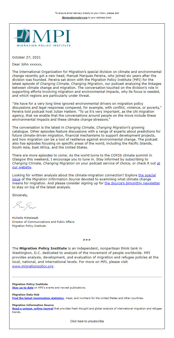 Screenshot of the email generated on import