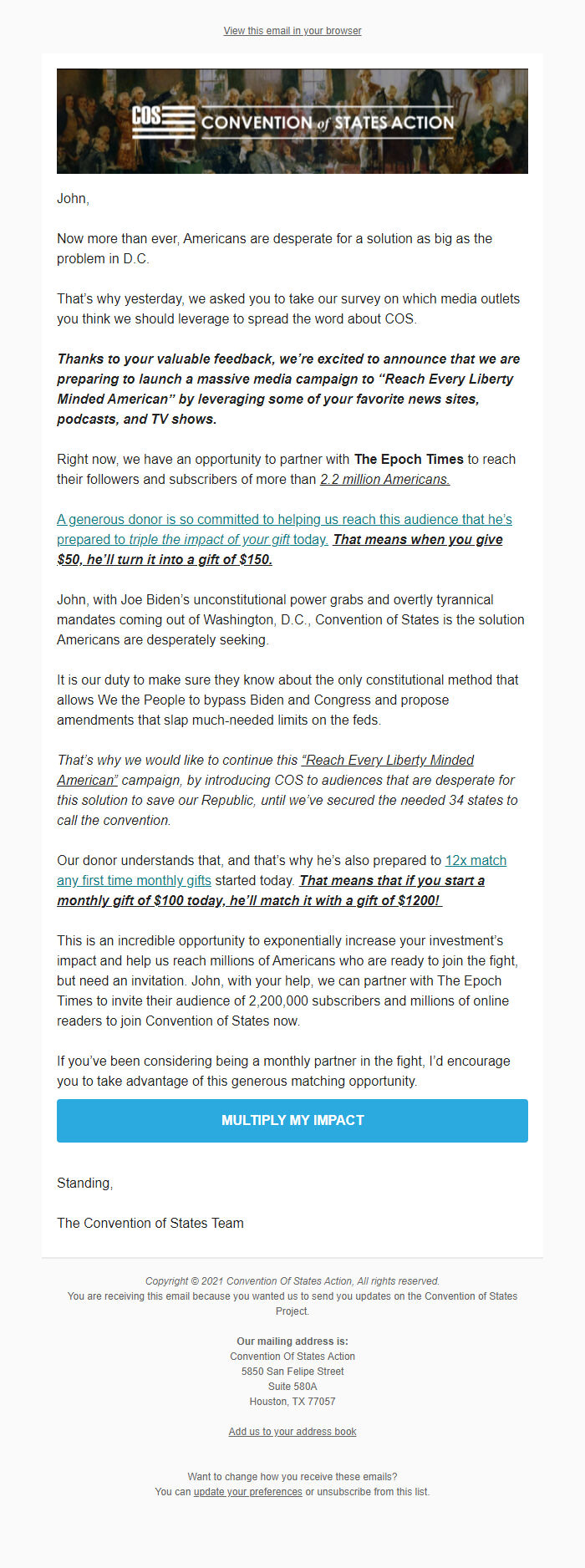 Screenshot of the email generated on import