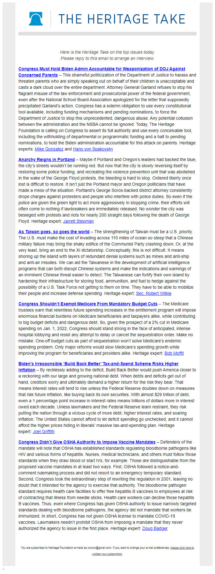 Screenshot of the email generated on import