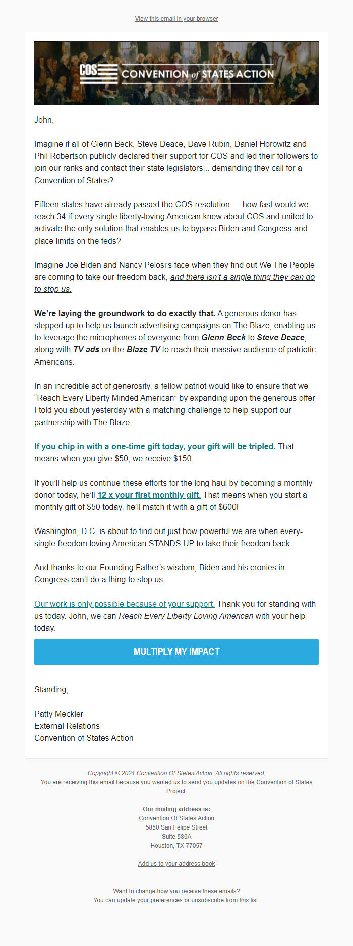 Screenshot of the email generated on import