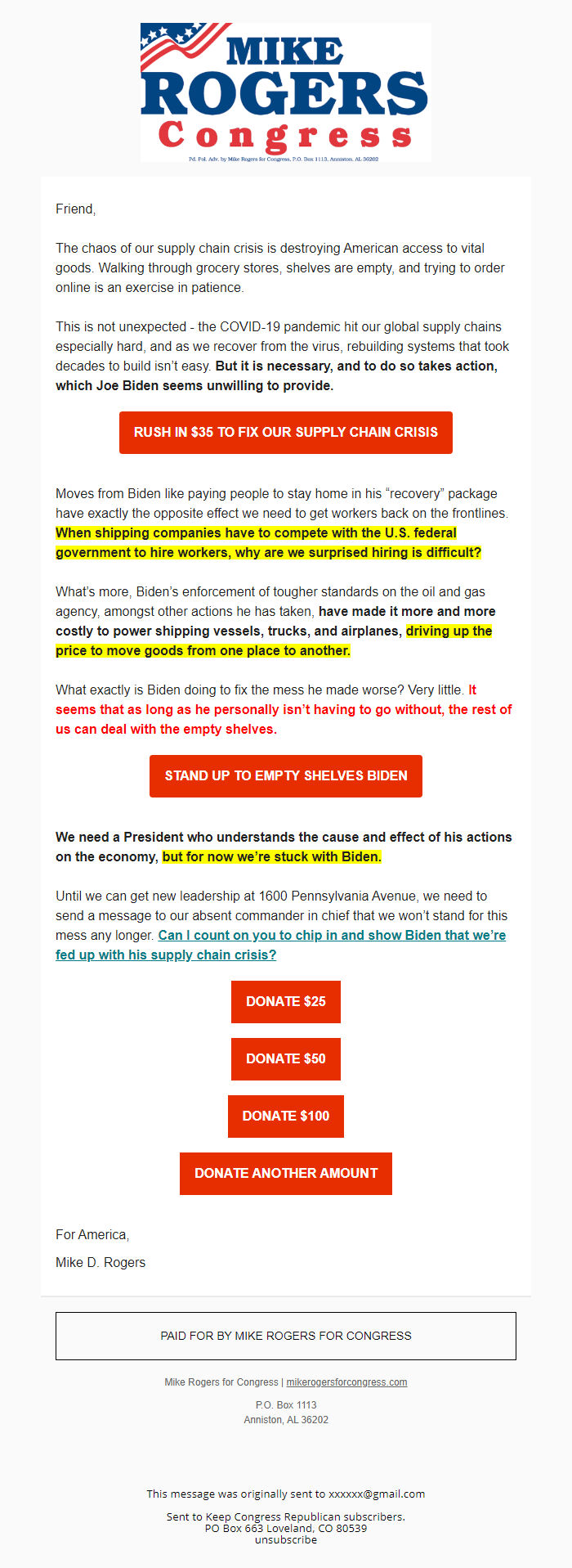Screenshot of the email generated on import