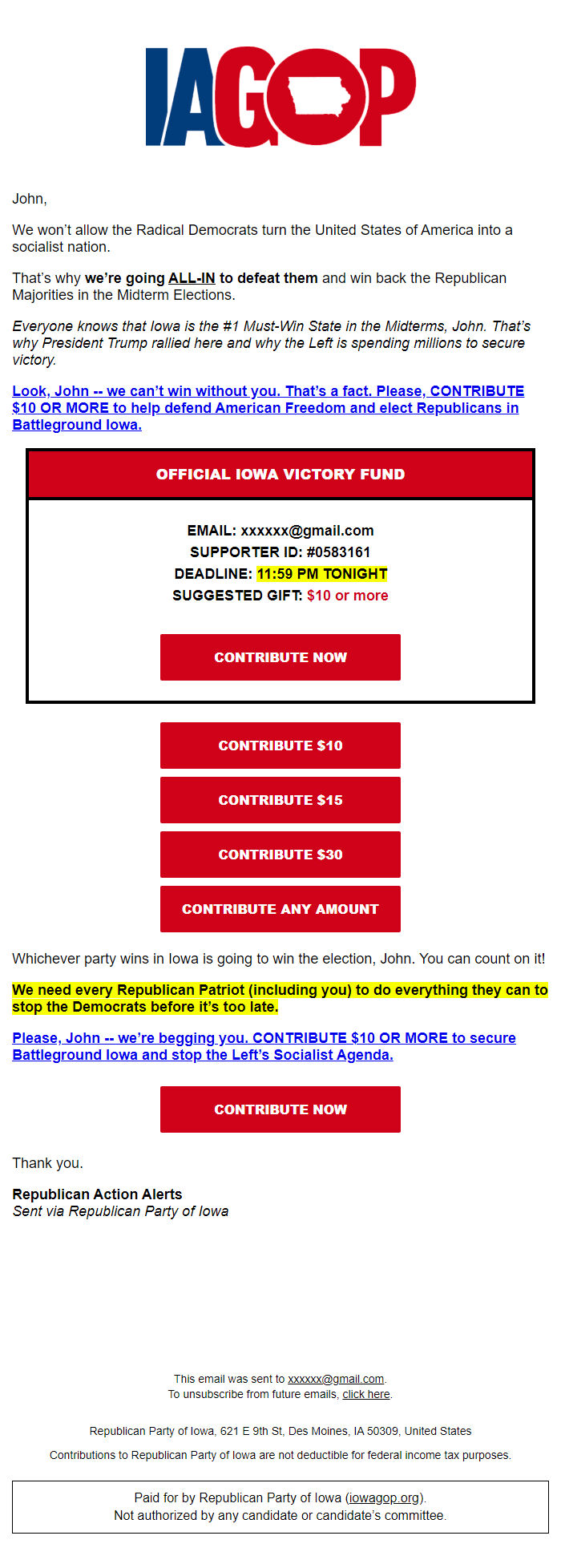 Screenshot of the email generated on import