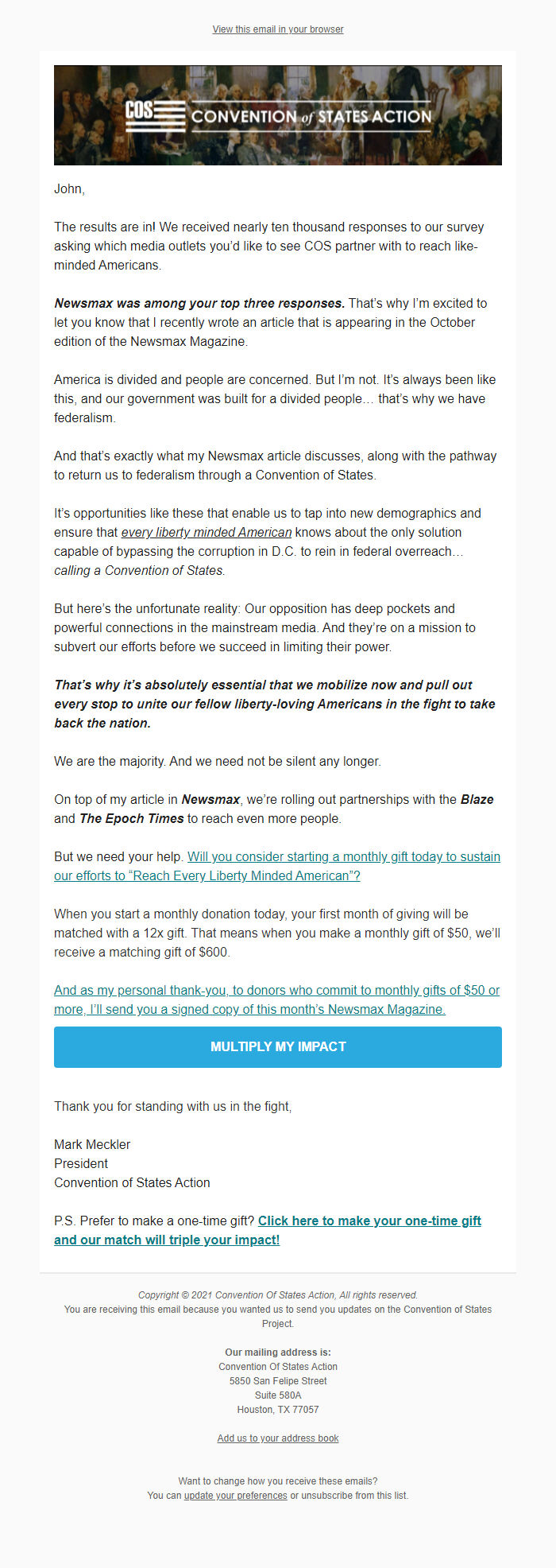 Screenshot of the email generated on import