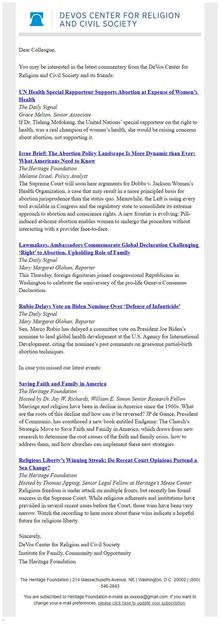 Screenshot of the email generated on import