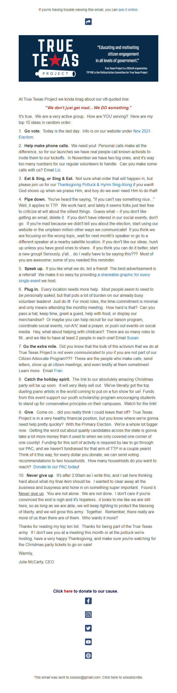Screenshot of the email generated on import