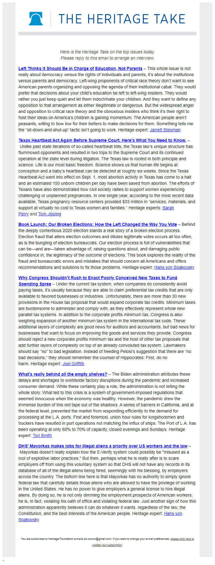 Screenshot of the email generated on import