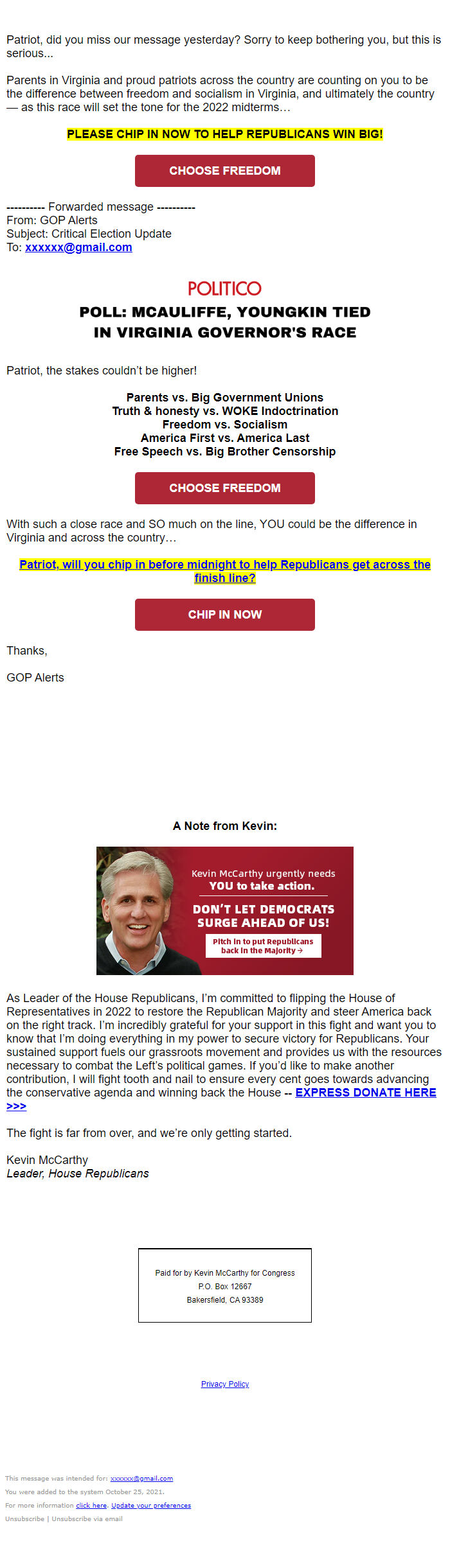 Screenshot of the email generated on import