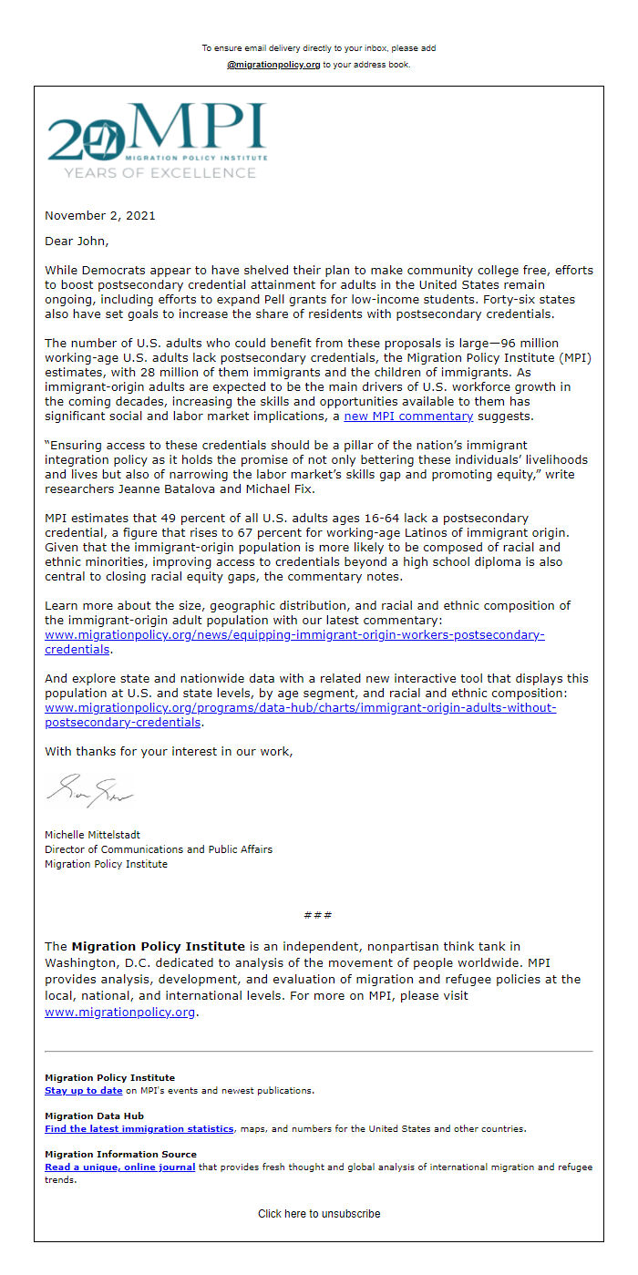 Screenshot of the email generated on import