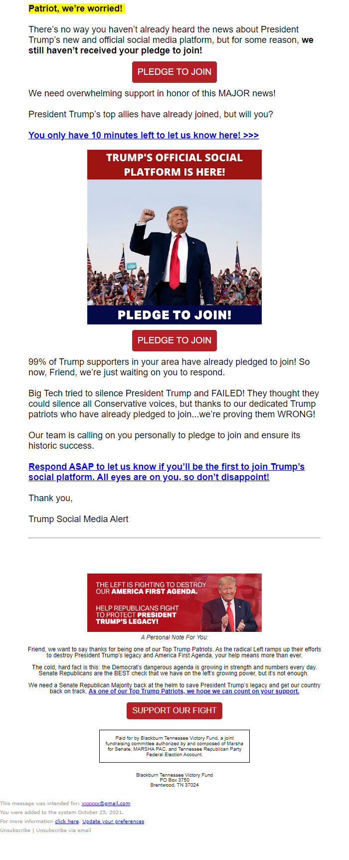 Screenshot of the email generated on import