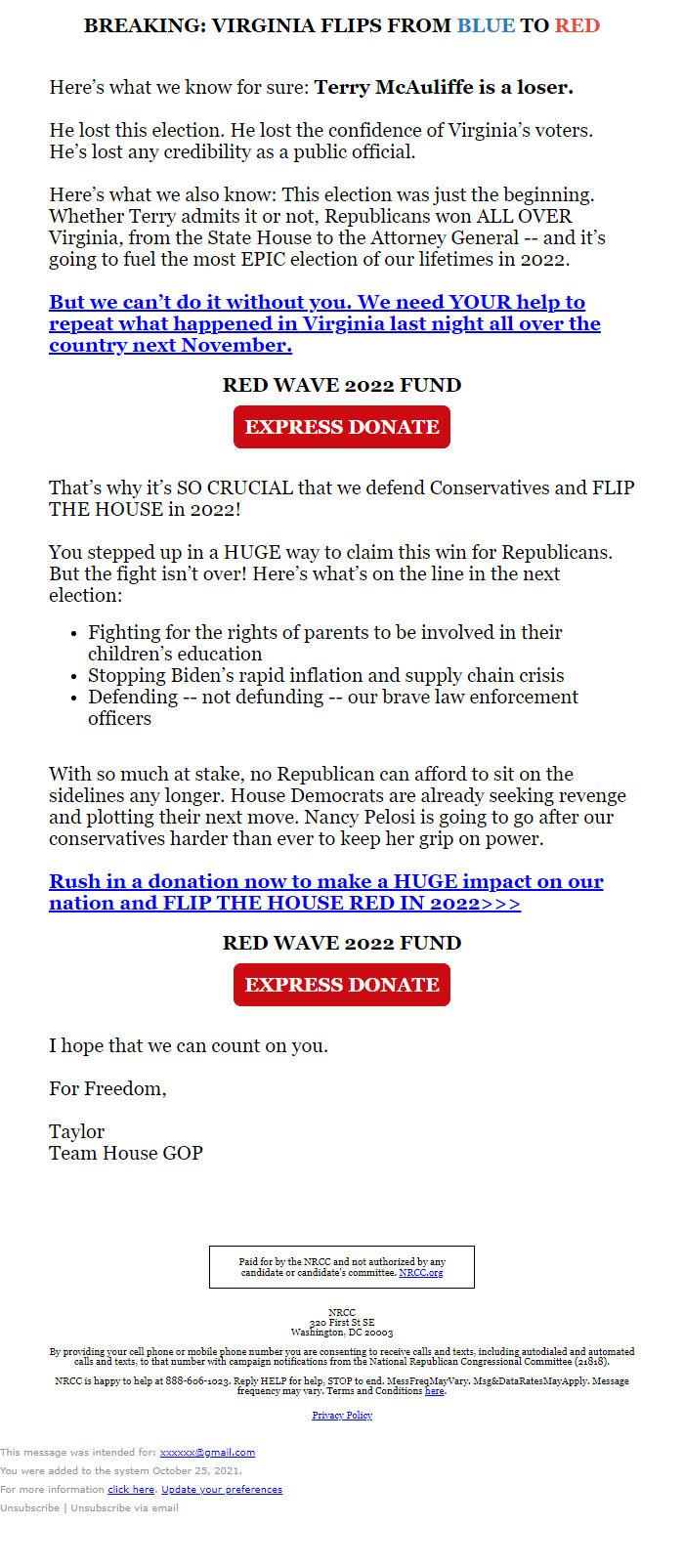 Screenshot of the email generated on import