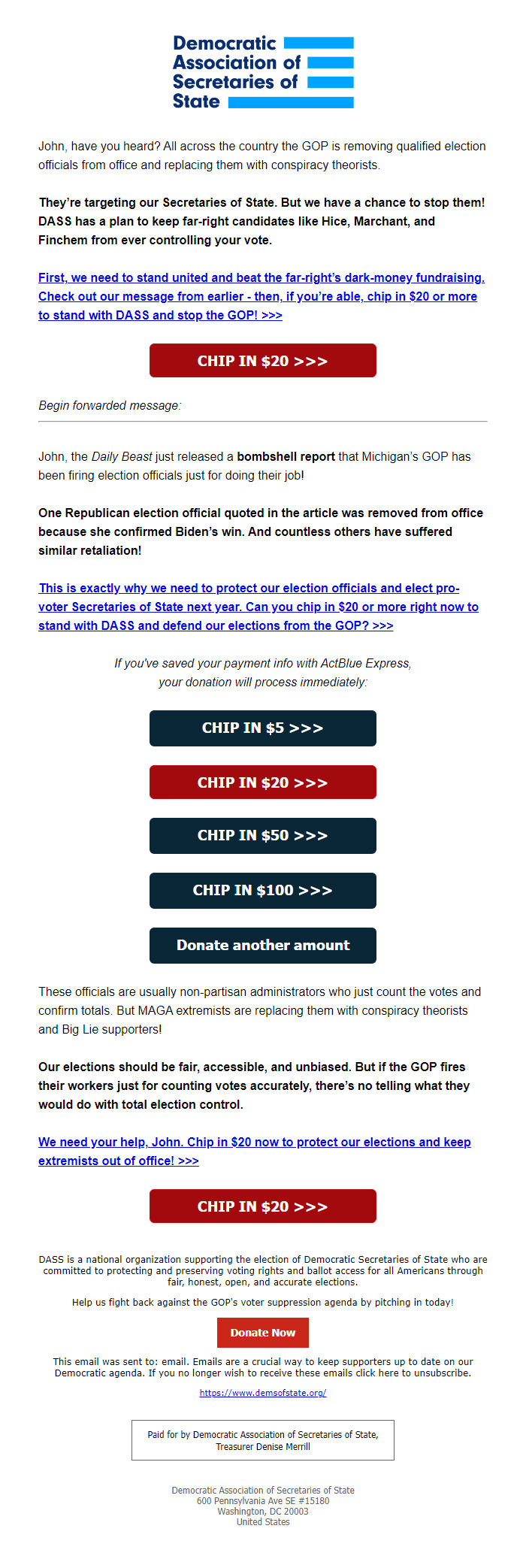 Screenshot of the email generated on import