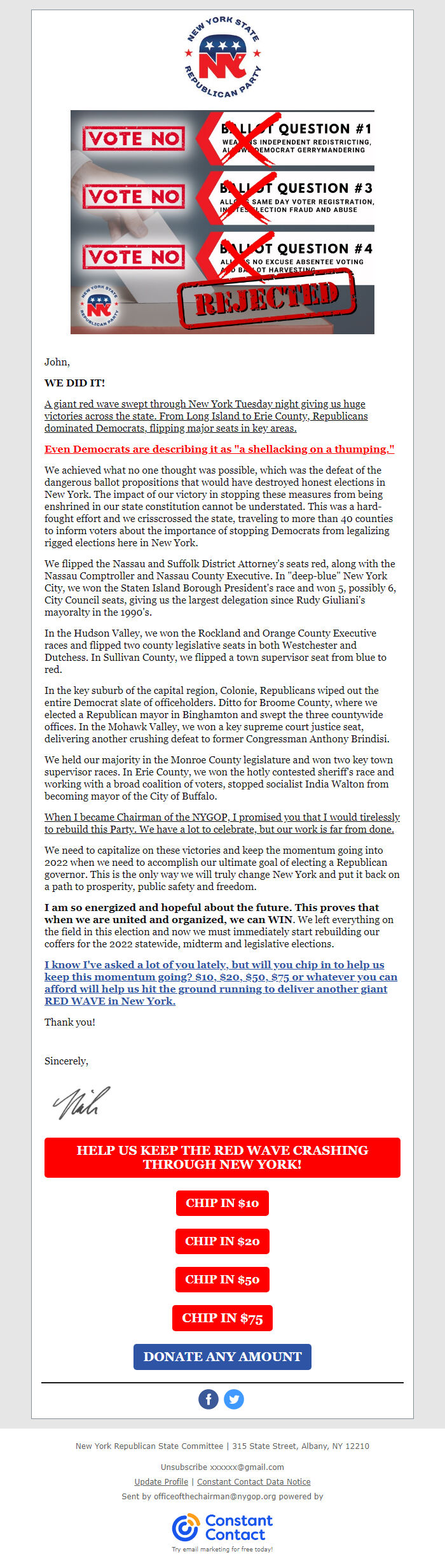 Screenshot of the email generated on import