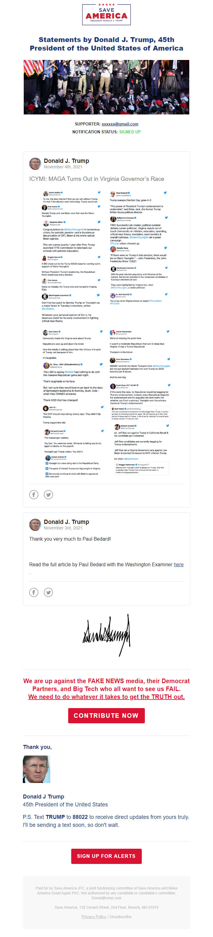 Screenshot of the email generated on import