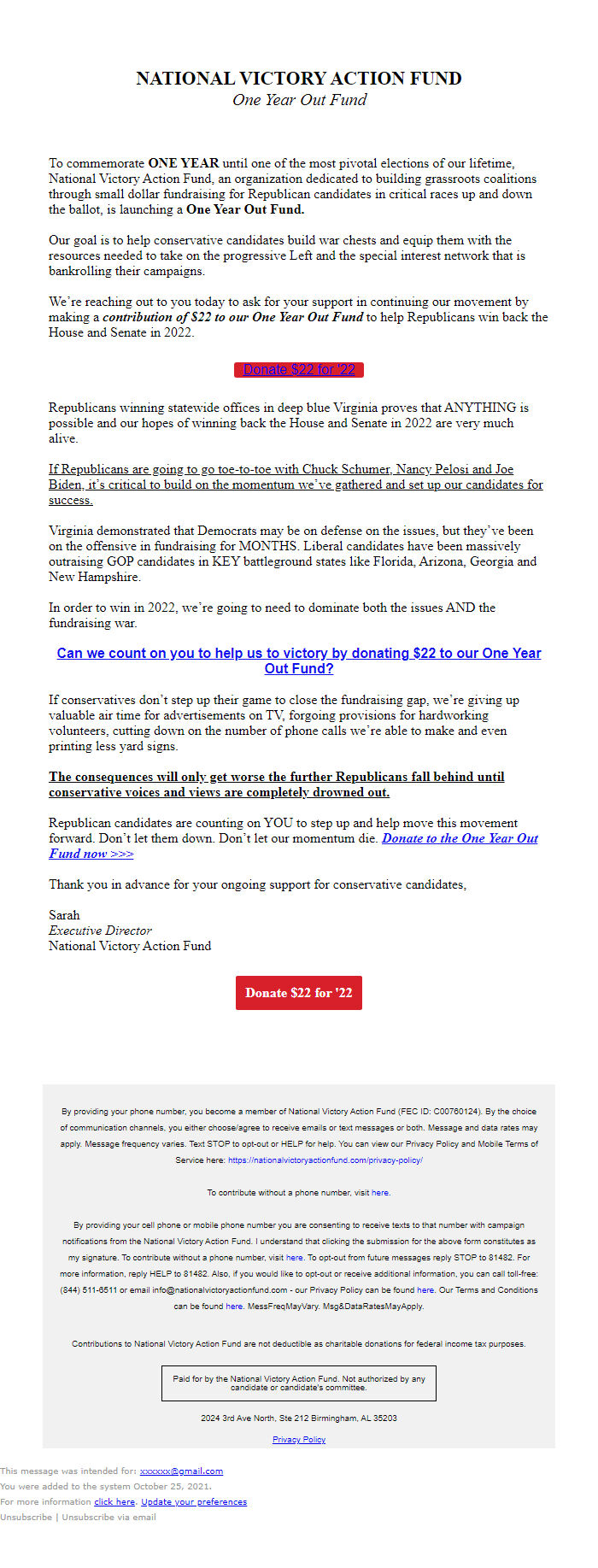 Screenshot of the email generated on import