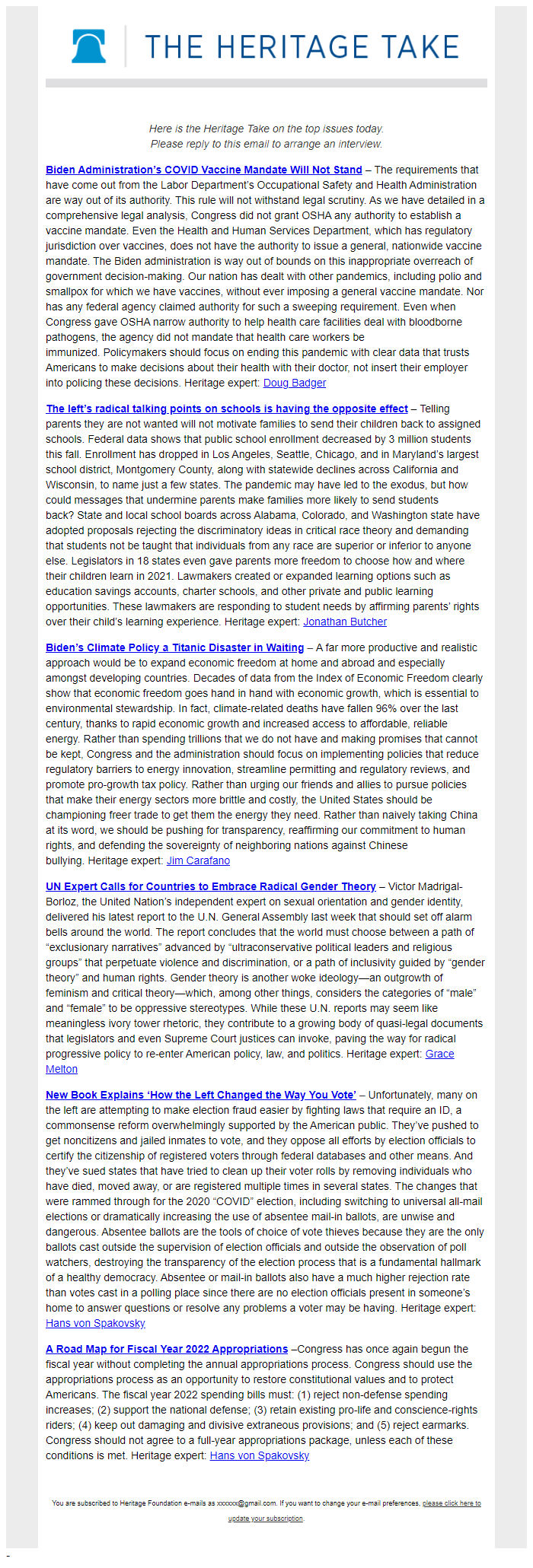Screenshot of the email generated on import