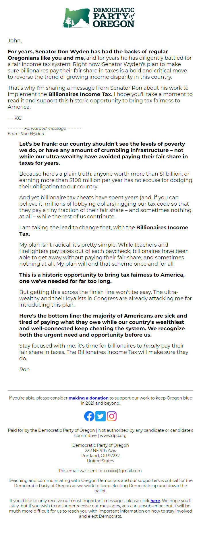 Screenshot of the email generated on import