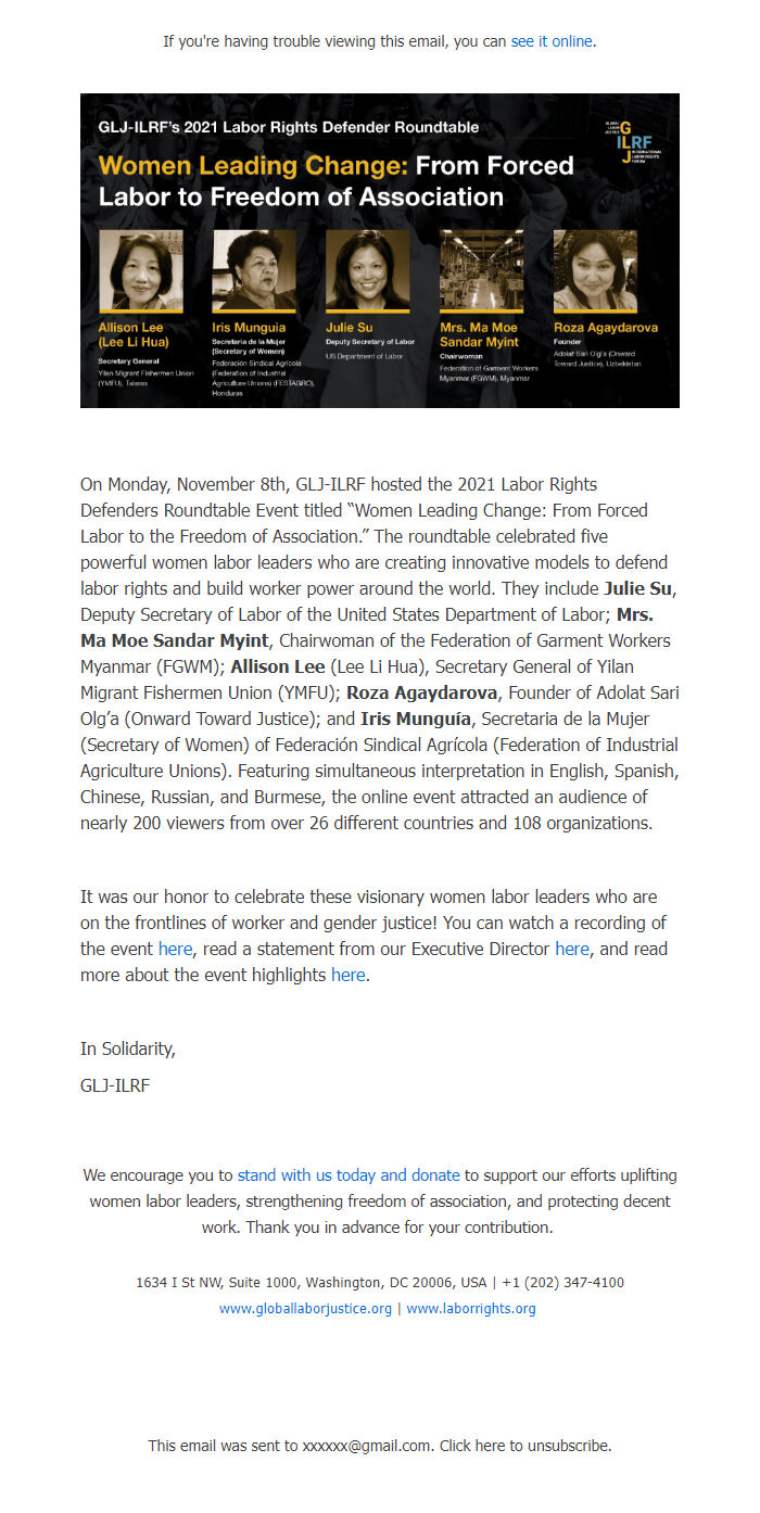 Screenshot of the email generated on import
