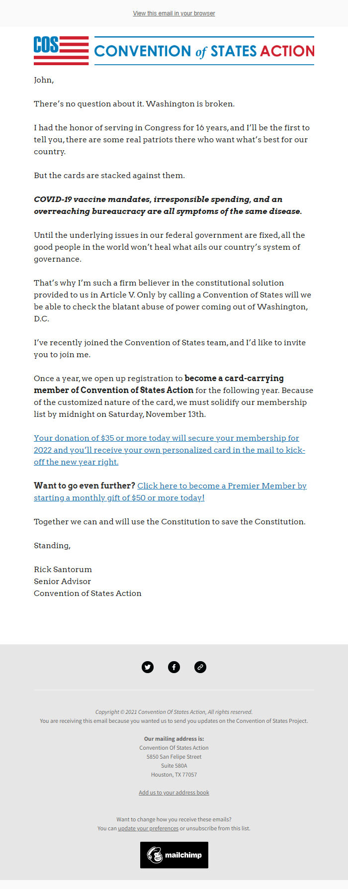 Screenshot of the email generated on import