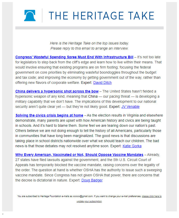 Screenshot of the email generated on import