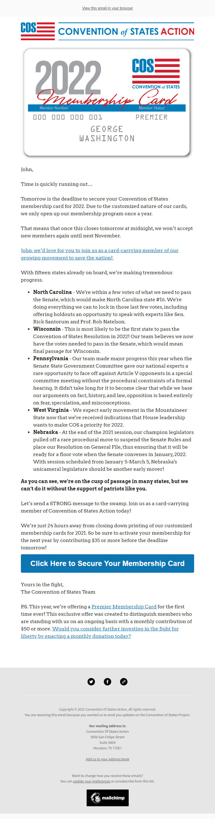 Screenshot of the email generated on import